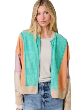 320. Pastel Patchwork Bomber Jacket - Turquoise & Peach